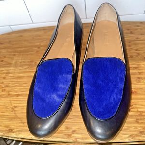 J Crew Blue Calf Hair Black Leather Loafers Shoes Women’s 9.5